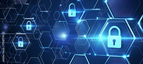 Tech-Savvy Blue Hexagons: Embodying Digital Security in Modern Business, 現代ビジネスのデジタルセキュリティを体現する技術に精通した青い六角形.Generative AI photo