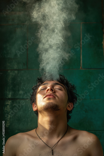 Inhale chaos a person meditating in calm surroundings indoor setting portrait serenity raw emotion photo