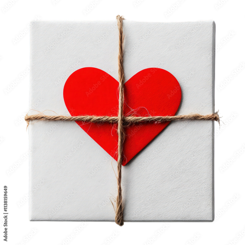 white gift box with red heart and twine bow isolated on transparent background