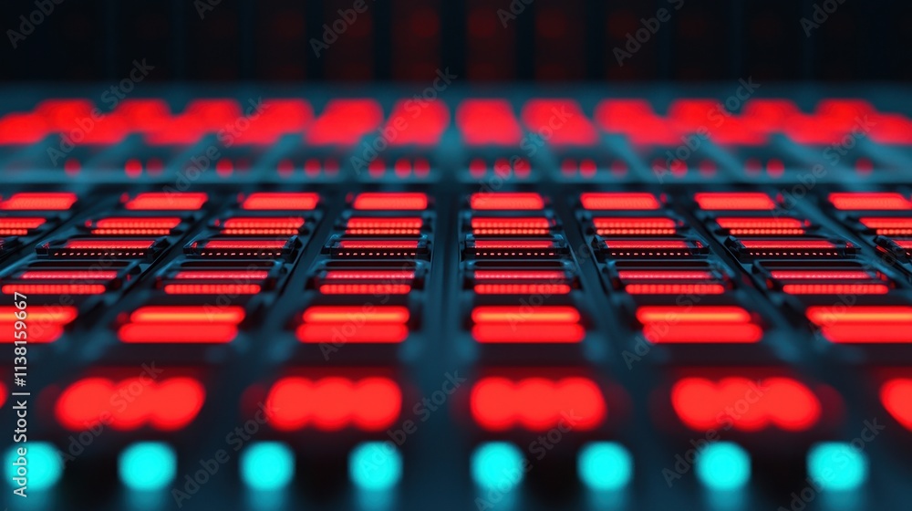 Fototapeta premium A close-up view of a colorful audio mixing board, showcasing vibrant red and blue buttons, creating a visually striking and dynamic appearance.