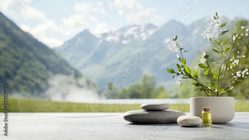 Spa retreat oils concept. Serene nature scene with stones, essential oil, and a plant.