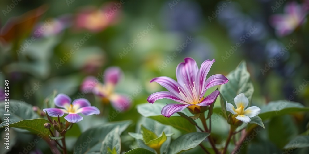 Vibrant purple flower petals and leaves in a close-up shot with soft focus background, floral, garden