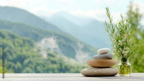 Spa retreat oils concept. Serene spa setting with stones, greenery, and mountains in the background.