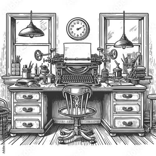 vintage writers desk featuring an antique typewriter, desk chair, and creative tools in a classic office setting sketch engraving generative ai vector illustration. Scratch board. Black and white.