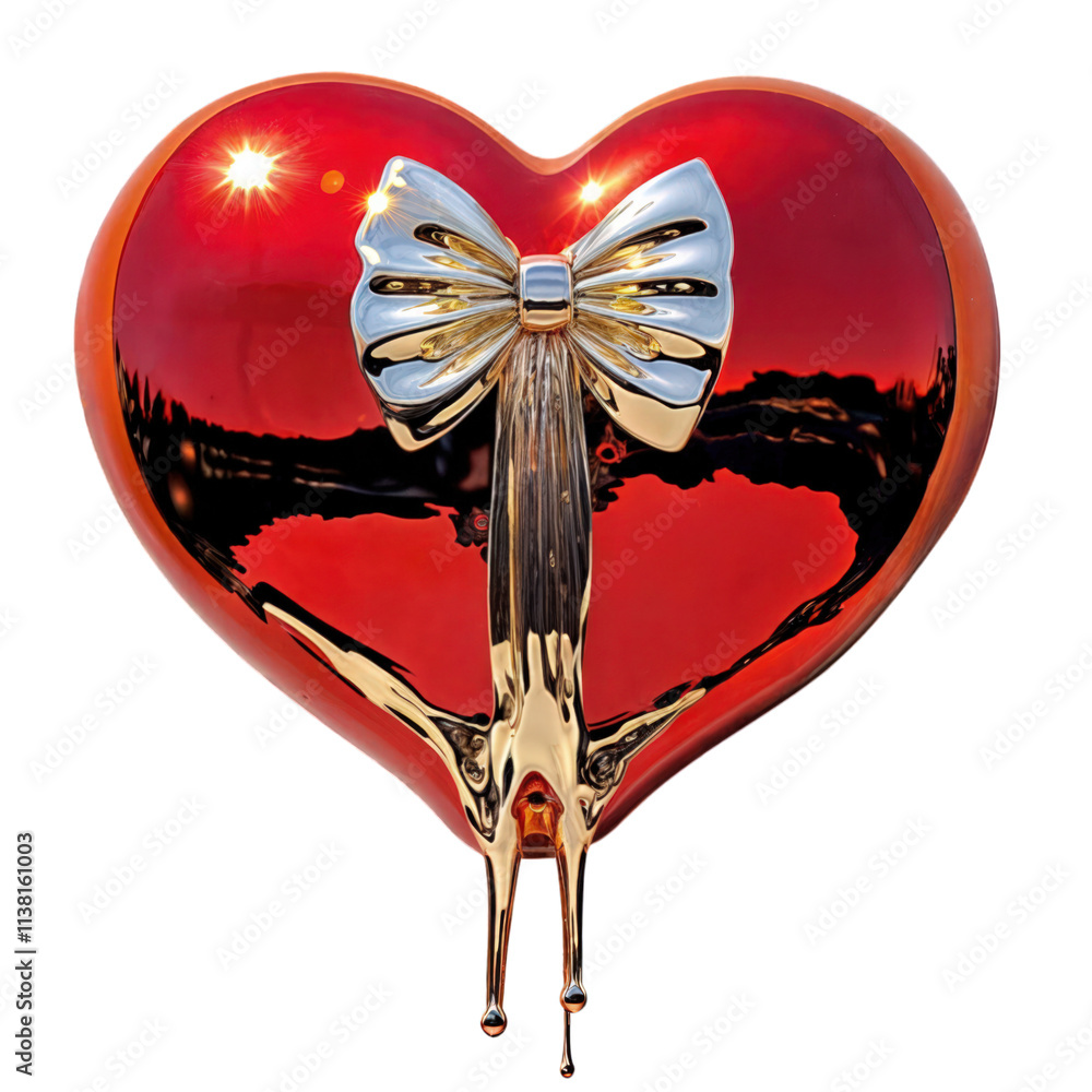 shiny red heart with golden dripping bow isolated on transparent background