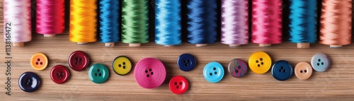 Colorful threads and buttons lined up on a wooden surface, perfect for sewing projects and crafting inspiration. photo