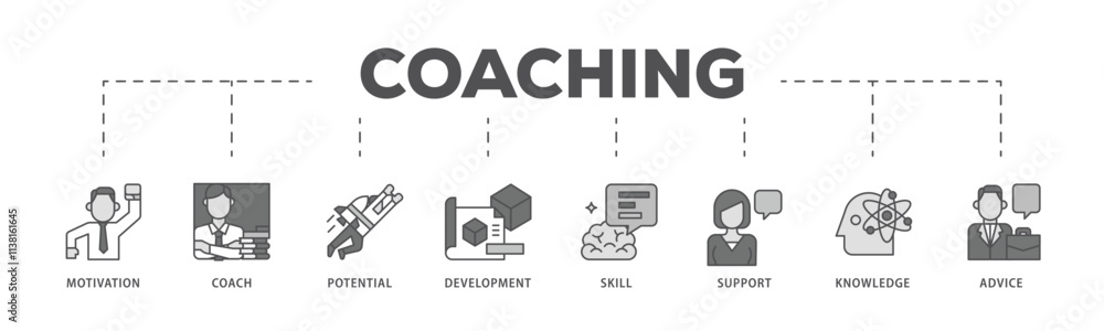 Coaching infographic icon flow process which consists of motivation, coach, potential, development, skill, support, knowledge, and advice icon live stroke and easy to edit . Coaching infographic icon flow process which consists of motivation, coach, potential, development, skill, support, knowledge, and advice icon live stroke and easy to edit .