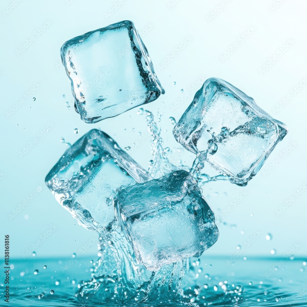 Dynamic splash of ice cubes falling into water, capturing freshness and vibrancy, ideal for beverage and summer themes. Dynamic splash of ice cubes falling into water, capturing freshness and vibrancy, ideal for beverage and summer themes.