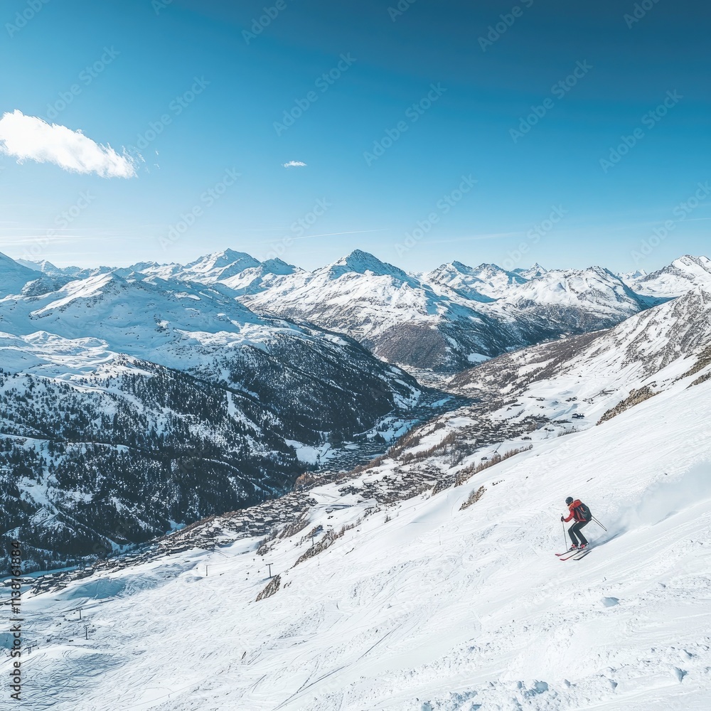 A skier descends a snowy mountain, surrounded by stunning alpine scenery under a clear blue sky. A skier descends a snowy mountain, surrounded by stunning alpine scenery under a clear blue sky.