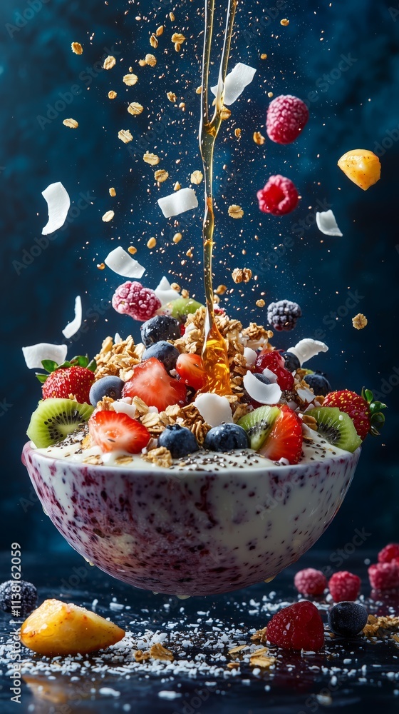 Fresh Fruit Yogurt Bowl with Honey and Granola on Dark Surface Fresh Fruit Yogurt Bowl with Honey and Granola on Dark Surface