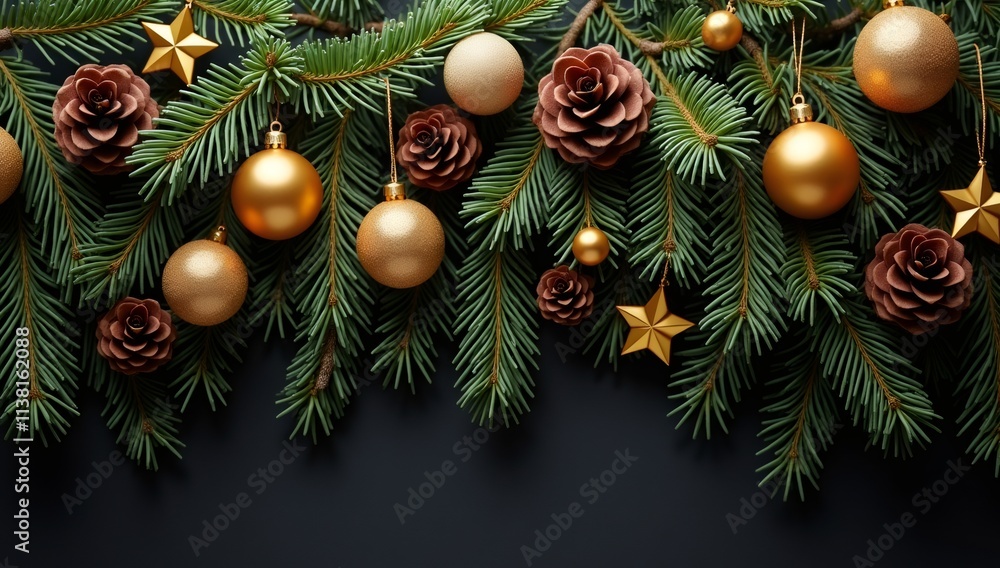 Festive Pine Branch Garland with Gold Ornaments & Pine Cones: A charming garland with pine branches adorned with golden ornaments and pine cones. Festive Pine Branch Garland with Gold Ornaments & Pine Cones: A charming garland with pine branches adorned with golden ornaments and pine cones.