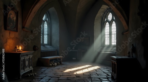 A Gothic style dungeon, narrow windows, rough furniture, a feeling of oppression and the weight of time