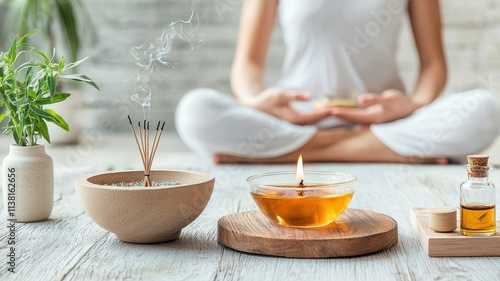 Spa retreat oils concept. Serene ambiance with essential oils, incense, and a meditating figure.