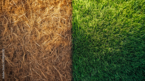 Lush green grass growing next to dry grass depicting climate change and environmental conservation