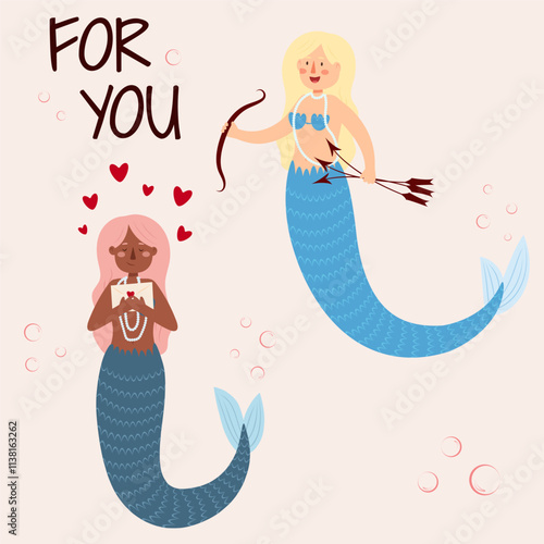 Vector illustration of mermaids of different races. Self-love concept, February 14