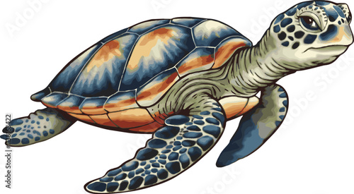 Vector illustration of a cartoon animation of sea turtle, painted in watercolor, isolated on a transparent background.