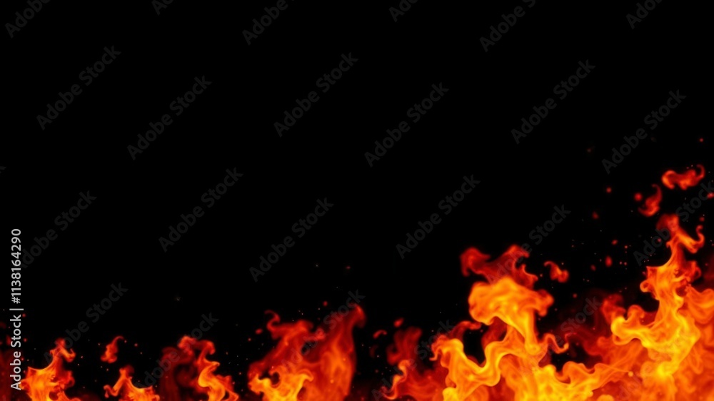 Fiery flames engulf a black background, casting a mesmerizing glow, dark, yellow, wild
