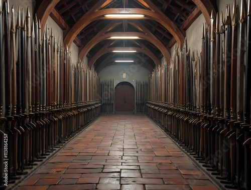 Armoires Rows of swords, shields, spears and other weapons neatly arranged along the walls photo