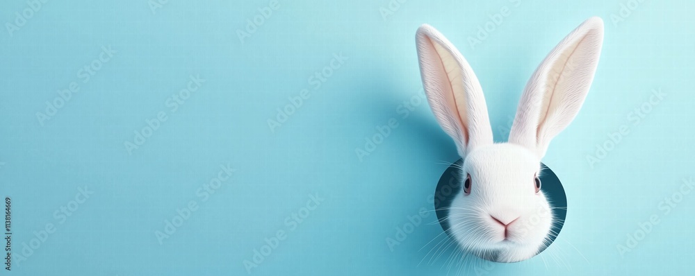 Fototapeta premium Easter bunny ears sticking out of a hole on a pastel blue background with copy space, a banner design