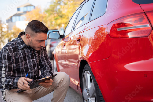 Insurance agent crouching next to a damaged red car, taking notes on a clipboard for the accident report