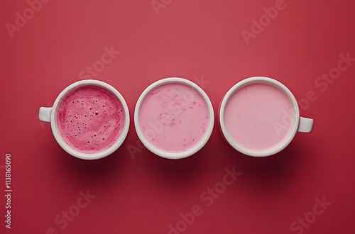 Three mugs of pink drinks showcase varying shades photo