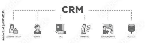 CRM infographic icon flow process which consists of customer loyalty, service, sale, marketing, communication, and database icon live stroke and easy to edit .