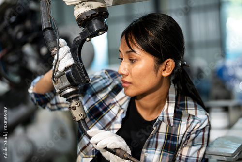 Focused female technician wearing gloves and plaid shirt carefully adjusting components of an industrial robotic arm inside a high-tech manufacturing facility. Concept of robotics, automation, and pre photo