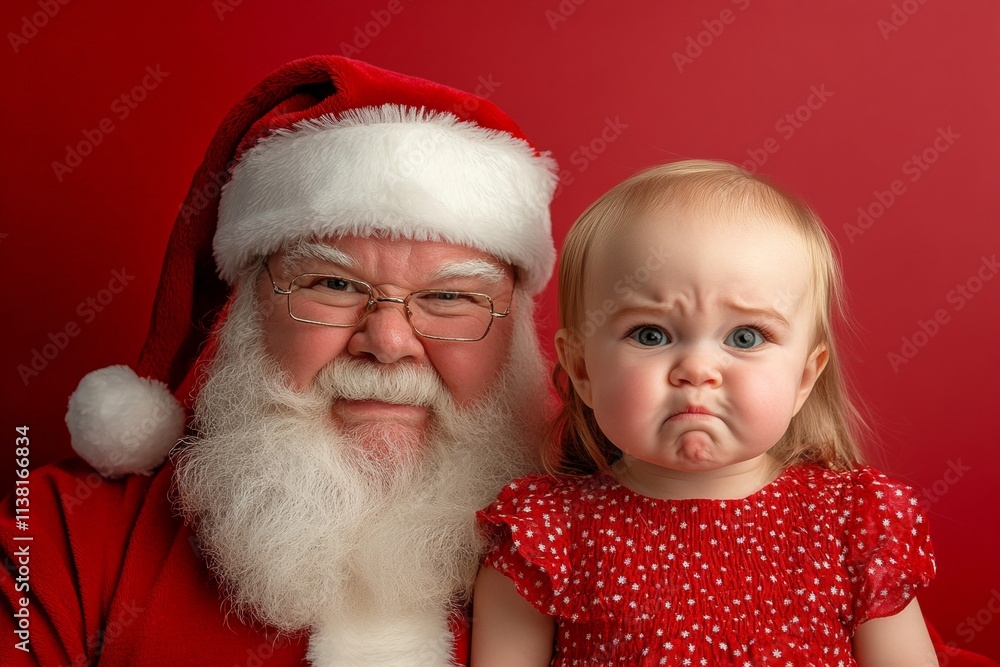 Isolated white baby girl in santa’s knee on red background. Cheerful festive season, attractive baby girl! copy space. Cute kid santa. Kid christmas chair portrait. Christmas red cute portrai. Isolated white baby girl in santa’s knee on red background. Cheerful festive season, attractive baby girl! copy space. Cute kid santa. Kid christmas chair portrait. Christmas red cute portrai.