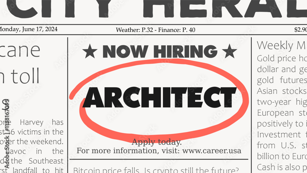 Obraz premium Architect career. Recruitment offer - job ad. Newspaper classified ad career opportunity.