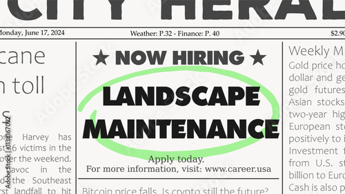 Landscape maintenance - job offer. Newspaper classified ad career opportunity. Hiring new employees.