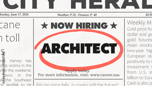 Architect career. Recruitment offer - job ad. Newspaper classified ad career opportunity.