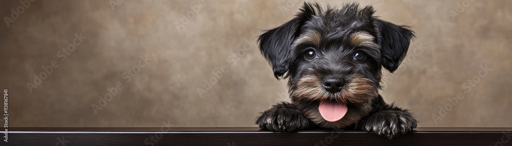 A playful puppy with a joyful expression peeking over a surface, expressing curiosity. A playful puppy with a joyful expression peeking over a surface, expressing curiosity.