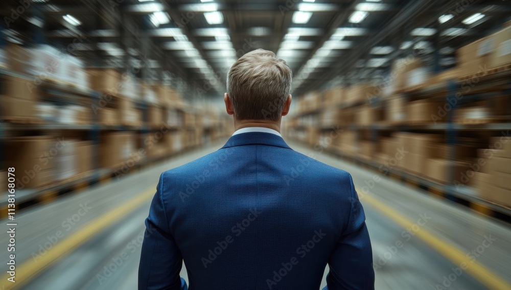 businessman in a blue suit, standing with his back to the camera and watching the blurred warehouse with boxes in the background businessman in a blue suit, standing with his back to the camera and watching the blurred warehouse with boxes in the background