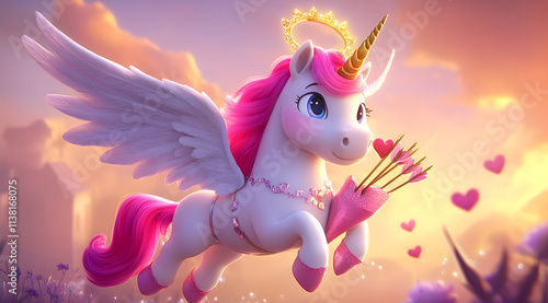 A whimsical winged unicorn with a pink mane and halo flies through a dreamy landscape, surrounded by hearts and pastel colors.