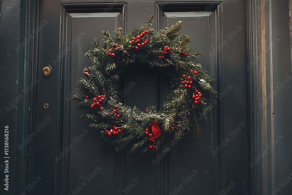 Christmas Wreath On Door With Green Pine Branches And Berries Christmas Wreath On Door With Green Pine Branches And Berries