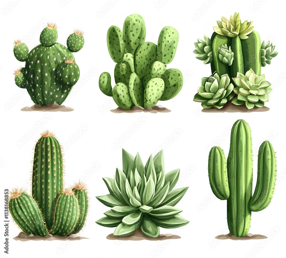 Fototapeta premium Six Different Types Of Green Cacti And Succulents