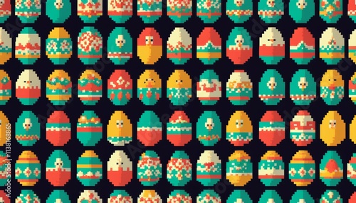 graphic image retro gaming videogame 8bit themed Easter holidays with hand painted and colored eggs for children or to celebrate the day