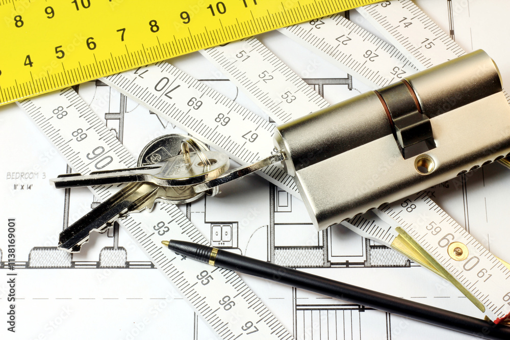 Ruler, plans, keys, pencils. Make a plan for something.