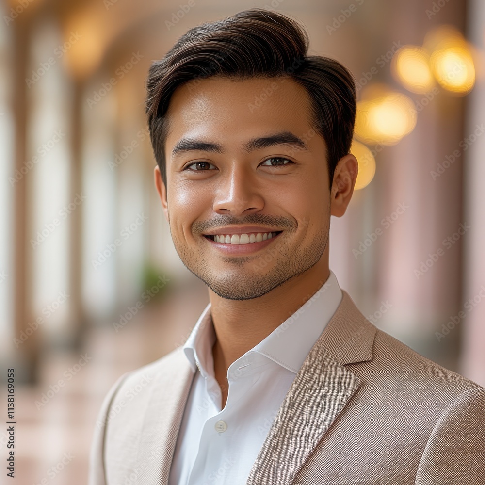 Asian man with a smile on his face is wearing a suit and a shirt in studio office background Asian man with a smile on his face is wearing a suit and a shirt in studio office background