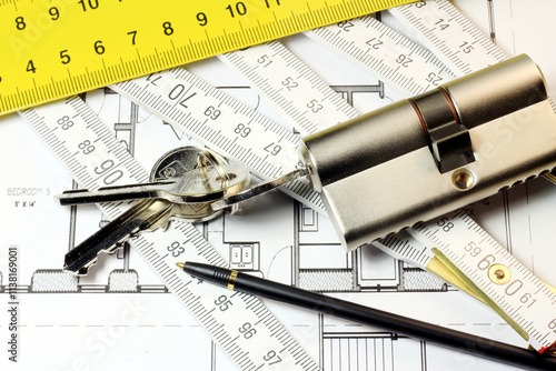 Obraz na płótnie Ruler, plans, keys, pencils. Make a plan for something. w salonie