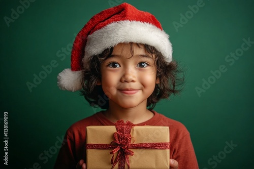 Isolated white asian juvenile boy in red holiday hat with wrapped box in hands, on green background. Copy space. Green christmas tree. Professional santa photo. Studio santa design. photo