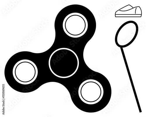 Fidget spinner with three blades, a bubble wand, and a toy shoe. Ideal for stress relief themes, childhood fun contexts, playful activities, focus enhancement content, toy design ideas, mindfulness