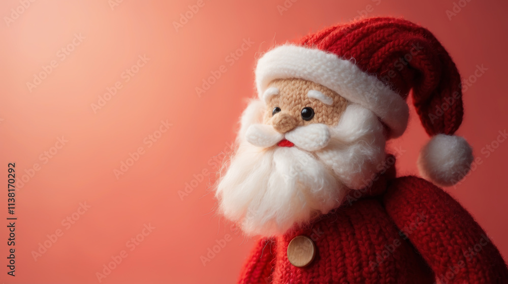 Fototapeta premium Knitted Santa Claus toy with a fluffy white beard and a red hat with a pompom