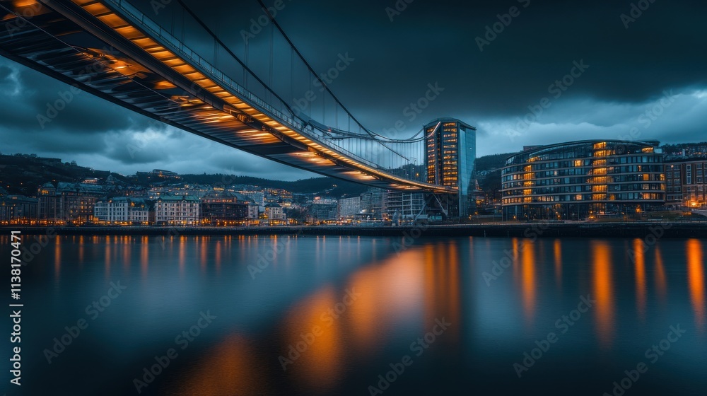 Obraz premium Night cityscape with bridge reflection