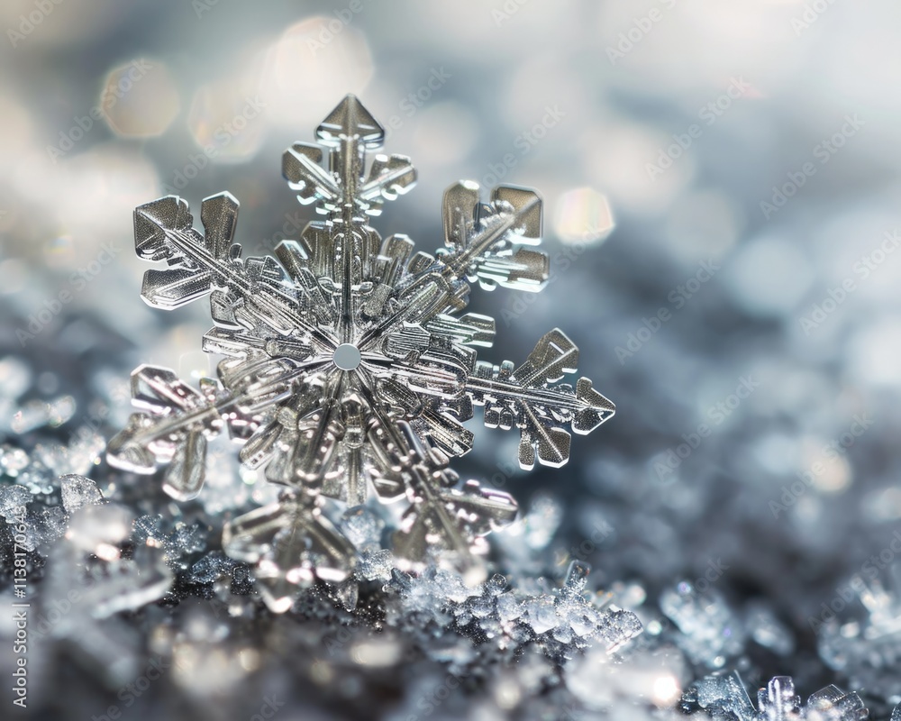 Macro Snowflake: Crystal Close-Up in Winter Wonderland Macro Snowflake: Crystal Close-Up in Winter Wonderland