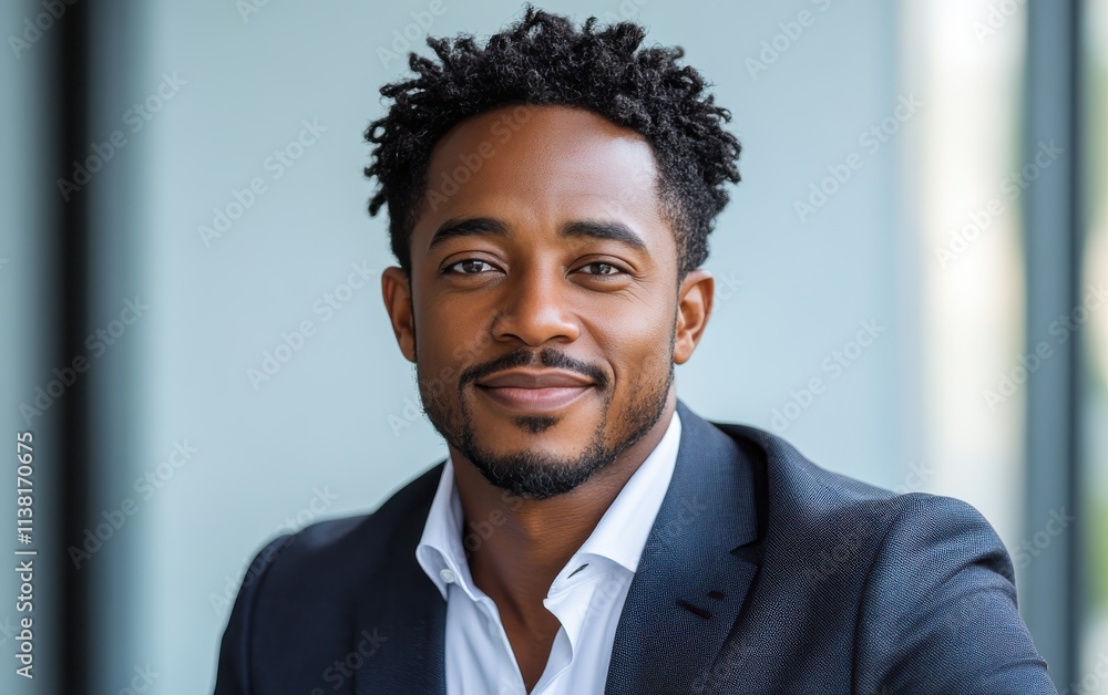 Portrait of a smiling, confident African American businessman in a suit, studio office background, He looking at the camera Portrait of a smiling, confident African American businessman in a suit, studio office background, He looking at the camera