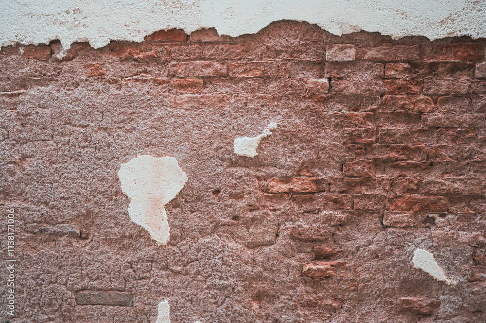 Brick wall with pieces of plaster. Wall of an old building in need of renovation. Aged wall texture of brick building close up. Grunge background with red and white blocks and layers of cement stucco