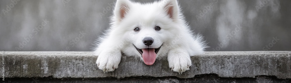 A playful white puppy peeking over a wall, exuding joy and curiosity in a natural setting. A playful white puppy peeking over a wall, exuding joy and curiosity in a natural setting.