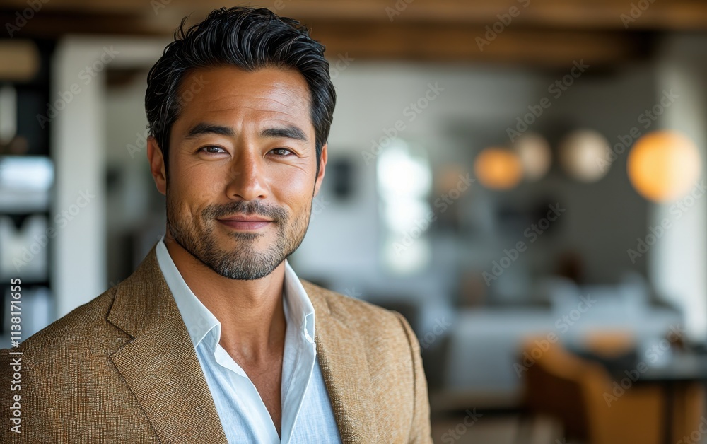 Asian man with a smile on his face is wearing a suit and a shirt in studio office background