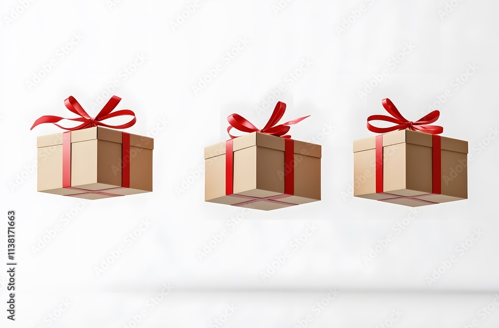 Three Gift Boxes With Red Ribbons Float In Air Three Gift Boxes With Red Ribbons Float In Air
